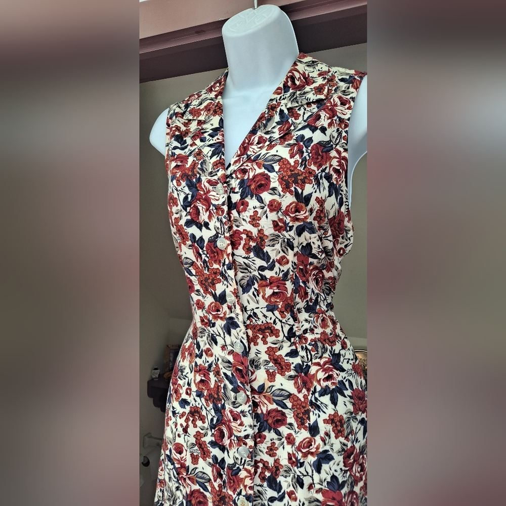 1990s JONATHAN MARTIN Off-White Floral Sundress Fitted Tie Back Tank Maxi Dress - Picture 5 of 16